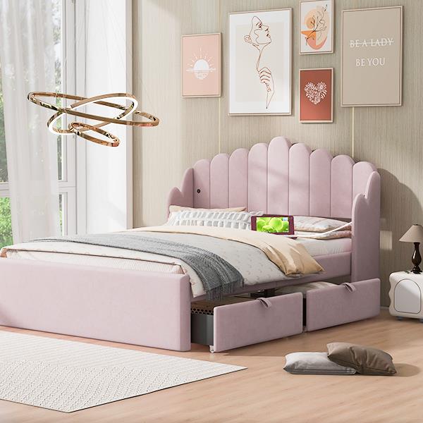 Full Size Upholstered Platform Bed with 4 Drawers and 2 USB, Pink