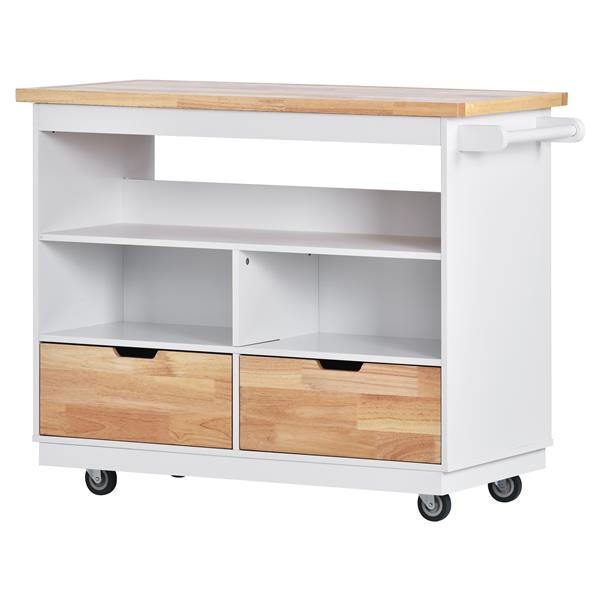 Rolling Kitchen Island with Storage, Two-sided Kitchen island Cart on Wheels with RubberWood Top,Wine and Spice Rack, Large Kitchen Cart with 2 Drawers, 3 Open Compartments, White