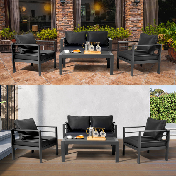 Aluminum Patio Furniture Set, 4 Pieces Modern Outdoor Conversation Set Sectional Sofa with Cushion and Coffee Table for Balcony Garden, Dark Grey