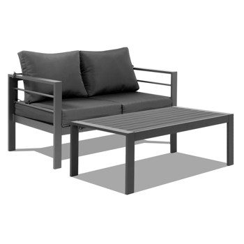 Love seat sofa Coffee table Grey frame dark grey cushion Aluminium frame sofa