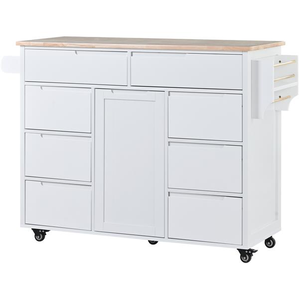 Kitchen Cart with Rubber Wood Countertop , Kitchen Island has 8 Handle-Free Drawers Including a Flatware Organizer and 5 Wheels for Kitchen Dinning Room, White