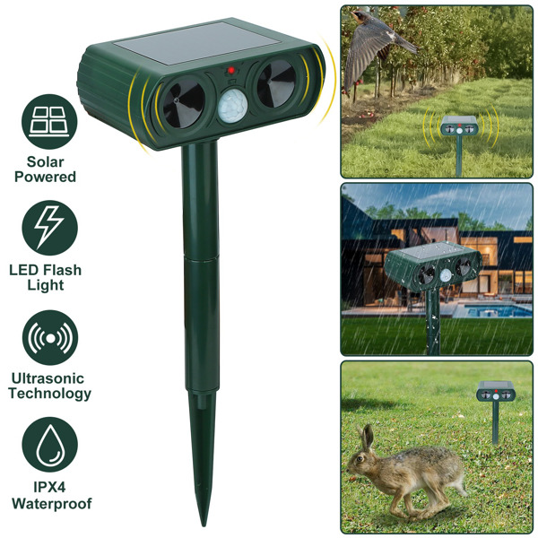 Ultrasonic Animal Repeller Solar Powered Motion Sensor Repellent IPX4 Waterproof Outdoor For Farm Garden Yard Repelling Deer Raccoon Cat Dog Rabbit Squirrel Bird