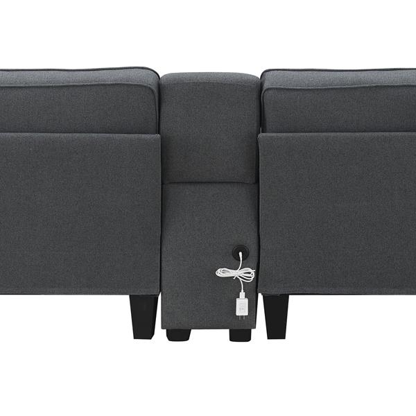 [VIDEO provided] [New] 114.2" Upholstered Sofa with Console, 2 Cupholders and 2 USB Ports Wired or Wirelessly Charged, Modern Linen Fabric Couches with 4 Pillows for Living Room, Apartment (4-Seat)