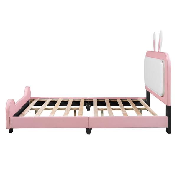 Full size Upholstered Rabbit-Shape Princess Bed ,Full Size Platform Bed with Headboard and Footboard,White+Pink