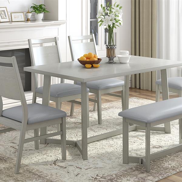 Farmhouse 6-Piece Wood Dining Table Set with 4 Upholstered Chairs and Bench, Gray