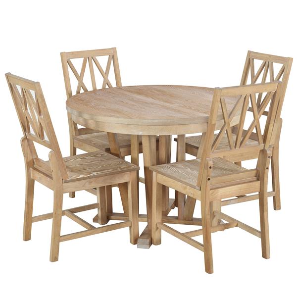 Rustic 5-Piece Extendable Dining Table Set Round Trestle Table and 4 Cross Back Dining Chairs for Kitchen, Dining Room, Natural