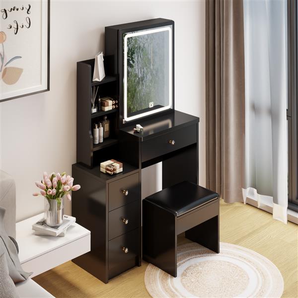 Small Space Left Bedside Cabinet Vanity Table + Cushioned Stool, Extra Large Touch Control Sliding LED Mirror, Tri-color Switching, Brightness Adjustable, Suitable for Girls No More Than 5.6ft Tall