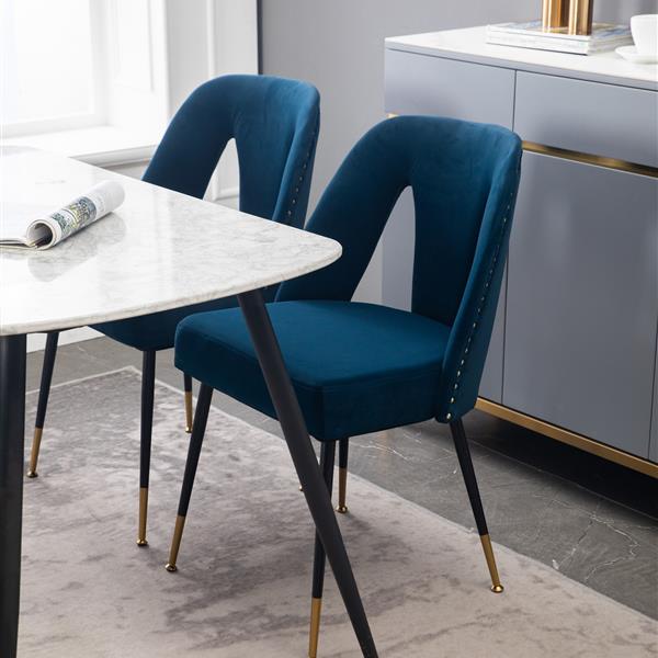 Furniture, Collection Modern | Contemporary Velvet Upholstered Dining Chair with Nailheads and ld Tipped Black Metal Legs,Blue,Set of 2