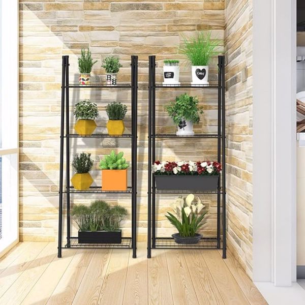 Ladder Shelf Black 4-Tier Metal Ladder Plant Stand Shelf Flower Pot Display Holder Storage Shelving for Balcony Garden Living Room Hallway