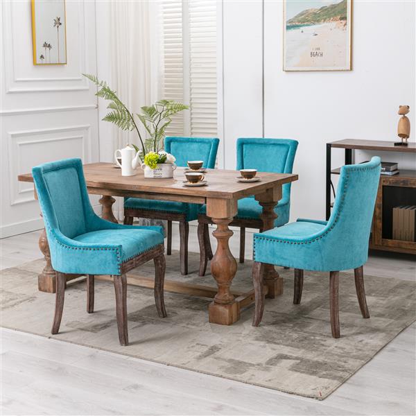 Furniture,Ultra Side Dining Chair，Thickened fabric chairs with neutrally toned solid wood legs， Bronze nail head，Set of 2，Blue