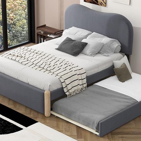 Full Size Upholstered Platform Bed with Wood Supporting Feet and Twin Size Trundle, Gray