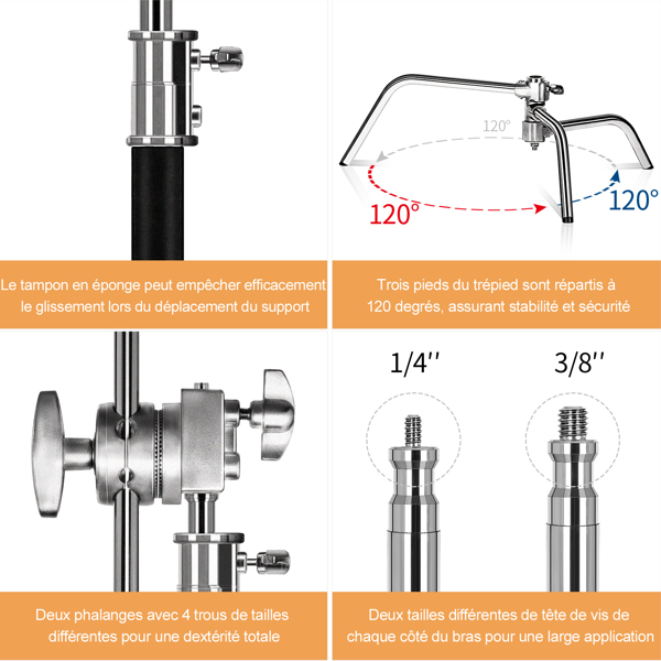 3m Verstellbarer C-Stand Lampentständer mit 1,2m Verlängerungsarm Tragetasche für Fotostudio, Silber