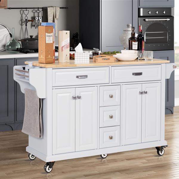 Kitchen Island with Rubber wood Countertop, Kitchen Cart on 5 Wheels with Storage Cabinet and 5 Drawers for Dinning Room, White