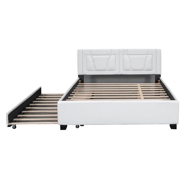 Queen Size Upholstered Platform Bed with Headboard and Twin Size Trundle, White