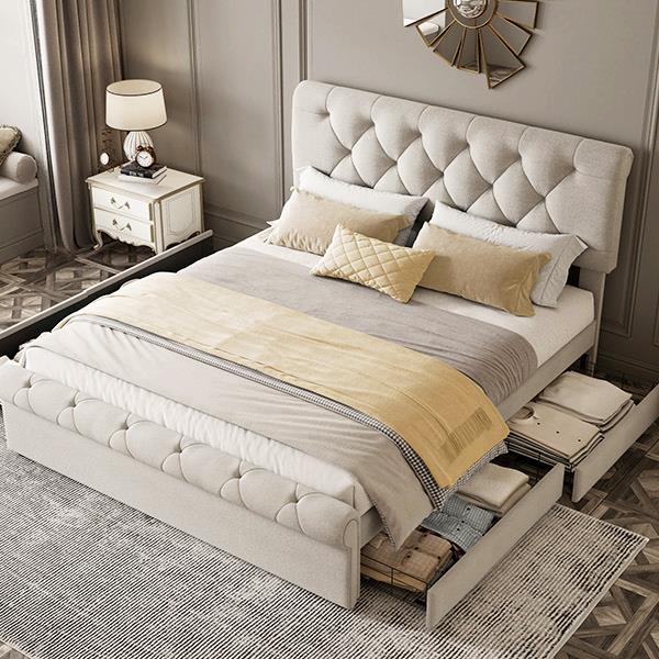 Queen size Upholstered Platform bed with Four Drawers, Antique Curved Headboard, Linen Fabric, Beige (without mattress)