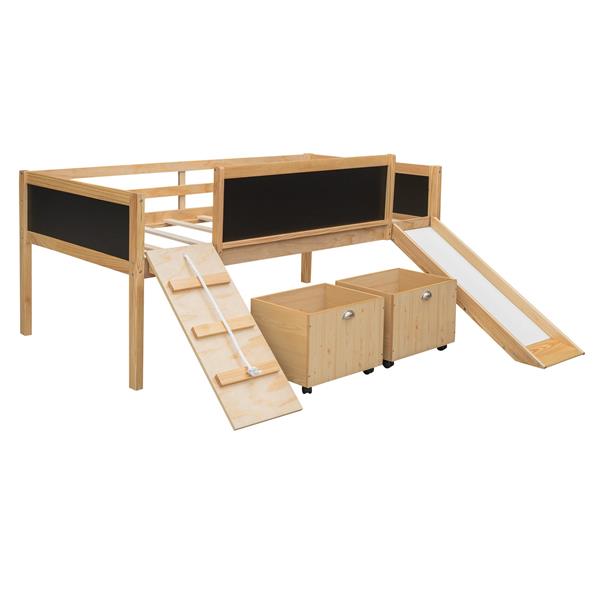 Twin size Loft Bed Wood Bed with Two Storage Boxes - Natrual