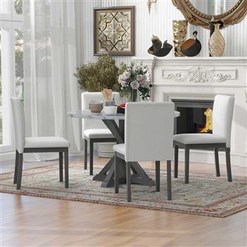 5-Piece Farmhouse Style Dining Table Set, Marble Sticker and Cross Bracket Pedestal Dining Table, and 4 Upholstered Chairs (White+Gray)