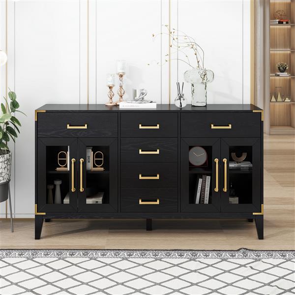 6-drawer and 2-Cabinet Retro Sideboard with Extra Large Storage Space, with ld Handles and Solid Wood Legs, for Kitchen and Living Room (Black)