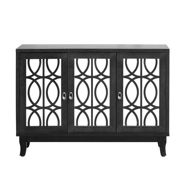 Sideboard with Glass Doors, 3 Door Mirrored Buffet Cabinet with Silver Handle for Living Room, Hallway, Dining Room (Black)