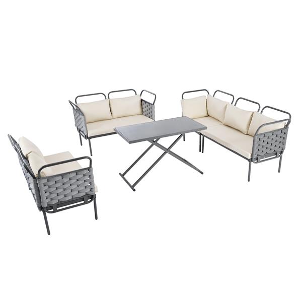 5-Piece Modern Patio Sectional Sofa Set Outdoor Woven Rope Furniture Set with Glass Table and Cushions, Gray+Beige