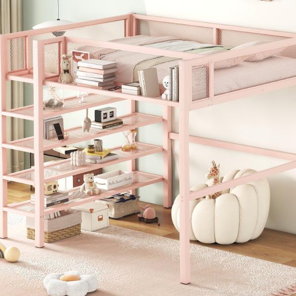 Full Size Metal Loft Bed with 4-Tier Shelves and Storage, Pink