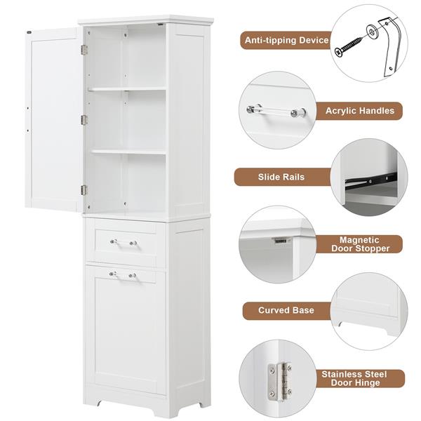 Tall Bathroom Storage Cabinet, Freestanding Storage Cabinet with Two Different Size Drawers and Adjustable Shelf, MDF Board with Painted Finish, White