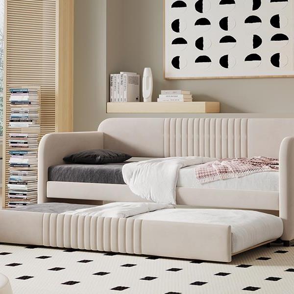 Upholstered Daybed Sofa Bed Twin Size With Trundle Bed and Wood Slat ,Beige