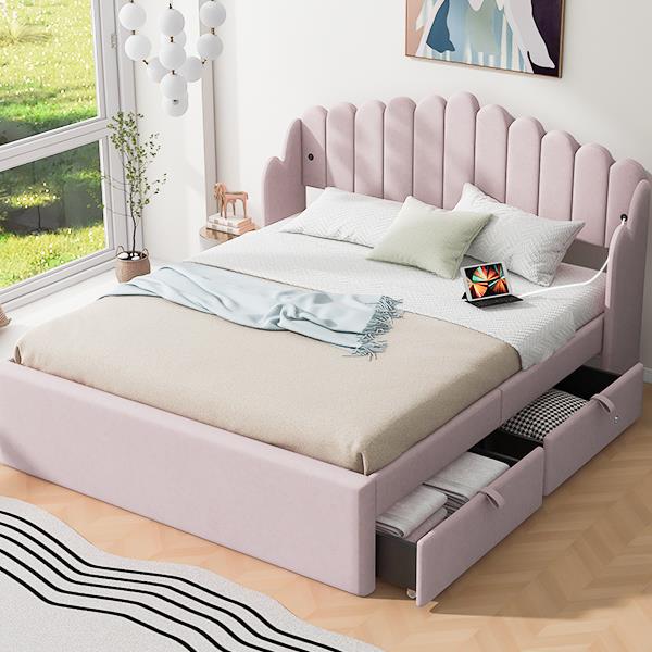 Queen Size Upholstered Platform Bed with 4 Drawers and 2 USB, Pink