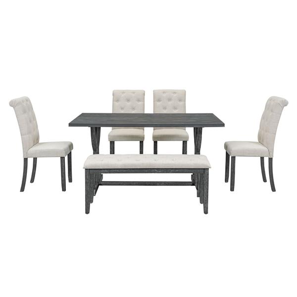 6-Piece Retro Rectangular Dining Table Set, Table with Unique Legs and 4 Upholstered Chairs & 1 Bench for Dining Room and Kitchen (Gray Wash)