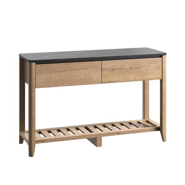 47 Inch Modern Farmhouse Double Drawers Console Table for Living Room or Entryway, Tobacco Wood and White Marble Texture