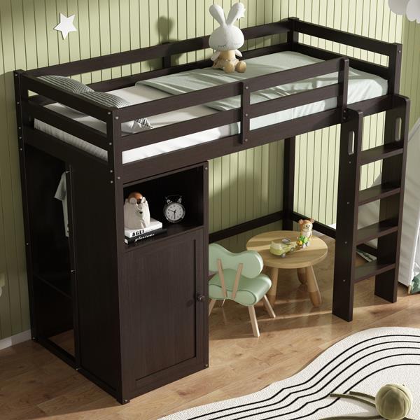 Twin Loft Bed with Wardrobe, Storage Shelves and Ladder, Espresso