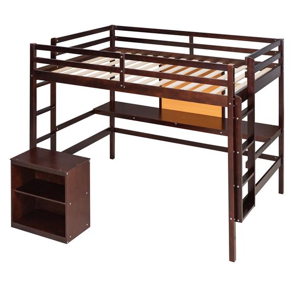 Twin size Loft Bed with Desk and Writing Board, Wooden Loft Bed with Desk & 2 Drawers Cabinet- Espresso