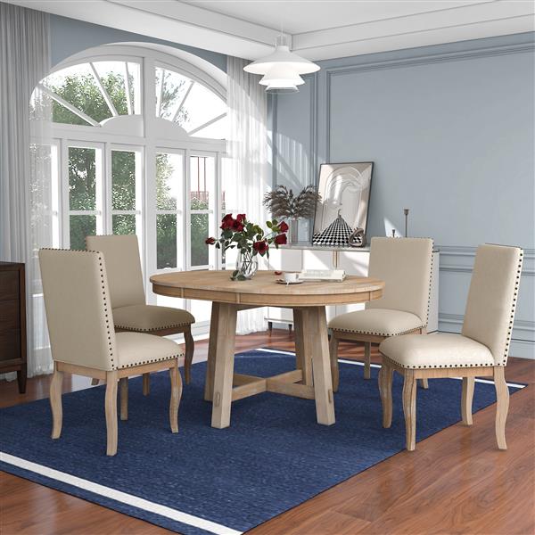 5-Piece Farmhouse Dining Table Set Wood Round Extendable Dining Table and 4 Upholstered Dining Chairs (Natural Wood Wash)