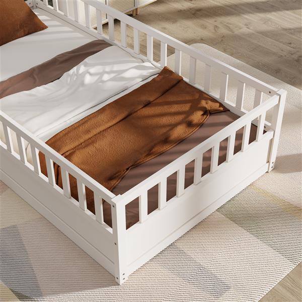 Twin Size Floor bed, integral construction with super high security barrier, door, children's floor bed frame, Montessori wooden children's floor bed, white