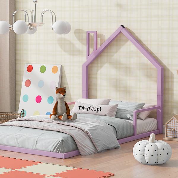 Twin Size Metal Floor Bed with House-shaped Headboard, Pink