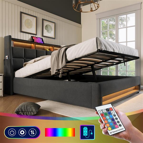 Queen size Upholstered Platform bed with a Hydraulic Storage System, LED and USB Charging, Grey (without mattress)