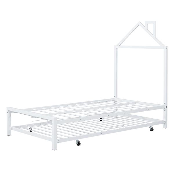 Twin Size Metal Platform Bed with twin size trundle,House-Shaped Headboard Design, White