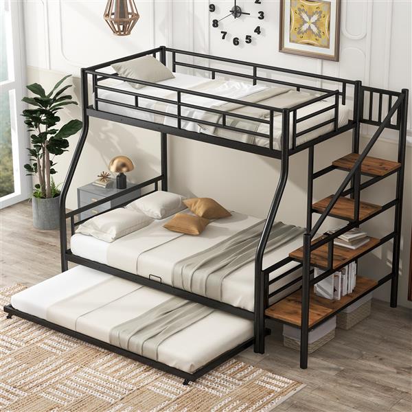 Twin over Full Size Metal Bunk Bed with Trundle and Storage Staircase, Black