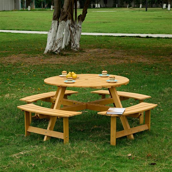 Outdoor 8 Person Picnic Table, 8 person Round Picnic Table with 4 Built-in Benches, Umbrella Hole, Outside Table and Bench Set for Garden, Backyard, Porch, Patio,  Natural