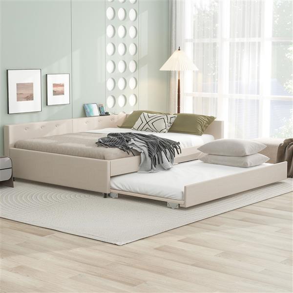 Queen Size Upholstered Platform Bed with USB and Twin Size Trundle, Beige