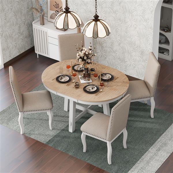 5-Piece Farmhouse Dining Table Set Wood Round Extendable Dining Table and 4 Upholstered Dining Chairs (Oak Natural Wood + Antique White)