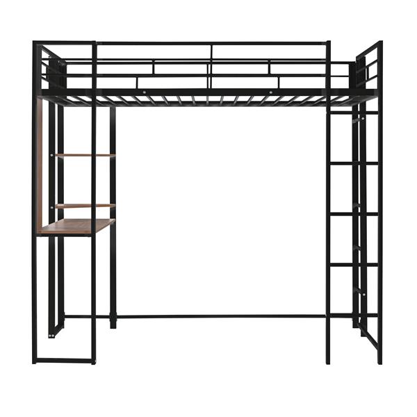 Twin Metal Loft Bed with 2 Shelves and one Desk ,BLACK