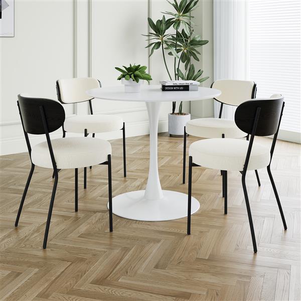 Modern grey simple teddy velvet dining chair Upholstered chair Family bedroom stool back dressing, white round table set,Bentwood covered with ash veneer Chair back,chair black metal legs (set of 5)