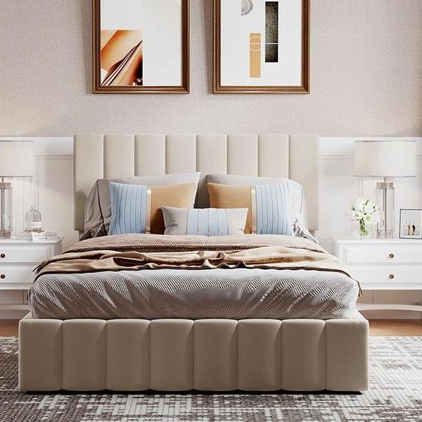 Full size Upholstered Platform bed with a Hydraulic Storage System - Beige