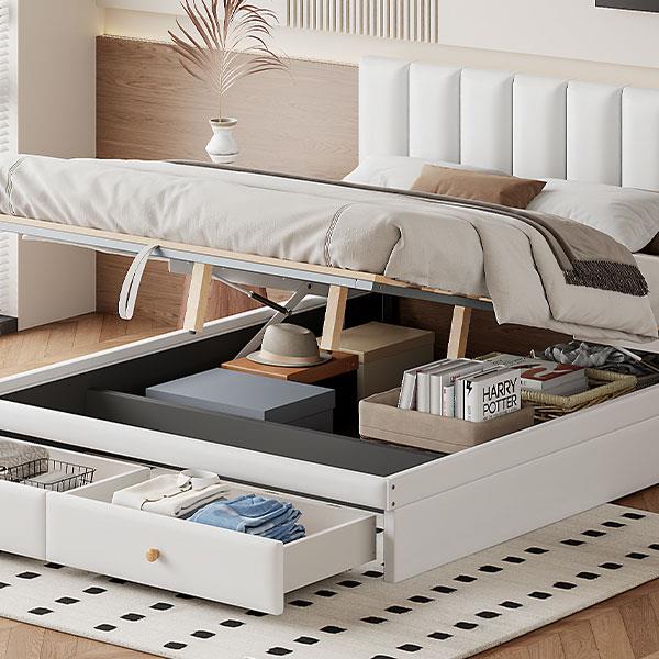 Queen Size Upholstered Bed with Hydraulic Storage System and Drawer, White