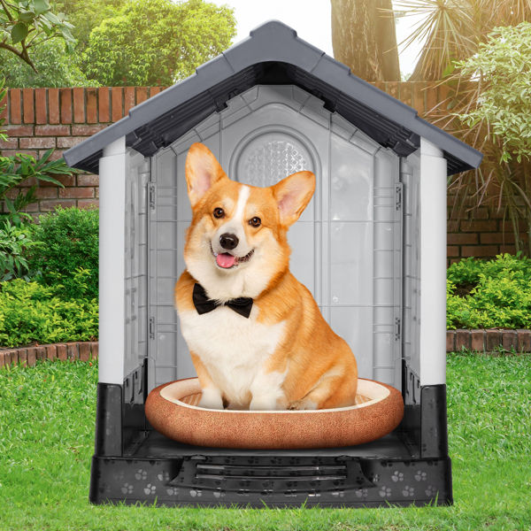 26 inch Plastic Dog House, Indoor Outdoor Doghouse Pet House with Air Vents and Elevated Floor, Insulated Water Resistant Puppy Shelter Kennel for Small Dogs, Gray & White