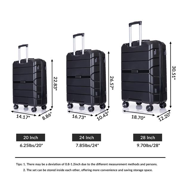 Hardshell Suitcase Spinner Wheels PP Luggage Sets Lightweight Durable Suitcase with TSA Lock,3-Piece Set (20/24/28) ,Black