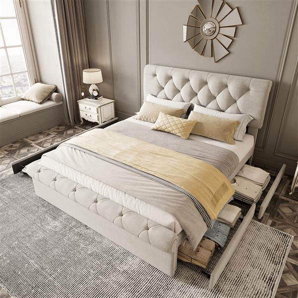 Full size Upholstered Platform bed with Four Drawers, Antique Curved Headboard, Linen Fabric, Beige (without mattress)