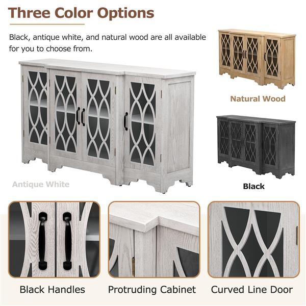 Retro Sideboard Glass Door with Curved Line Design Ample Storage Cabinet with Black Handle and Three Adjustable Shelves for Dining Room and Kitchen (Antique White)