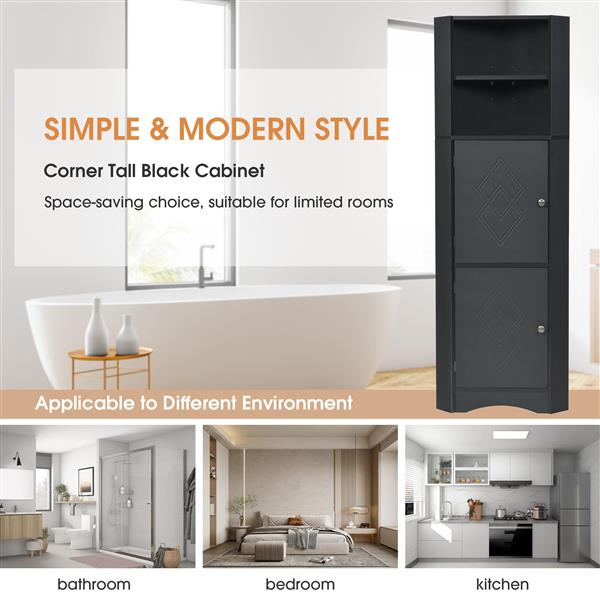 Tall Bathroom Corner Cabinet,  Storage Cabinet with Doors and Adjustable Shelves, MDF Board, Black